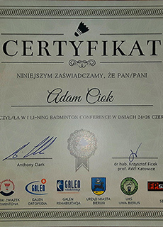 Certyfikat Grzegorz Stańko LI-NING Conference - konferencja szkoleniowa w zakresie techniki, taktyki oraz metodyki nauczania w badmintonie oraz nauk wspomagających proces szkoleniowy