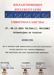 Certyfikat Adam Ciok trener na obozie badmintona w Finlandii 2016