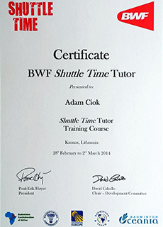 Certyfikat Adam Ciok - Tutor programu Shuttel Time - szkolenie BWF, Kowno, Litwa 2014