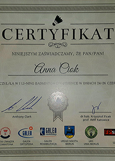 Certyfikat Anna Ciok (Szymańska) LI-NING Conference - konferencja szkoleniowa w zakresie techniki, taktyki oraz metodyki nauczania w badmintonie oraz nauk wspomagających proces szkoleniowy