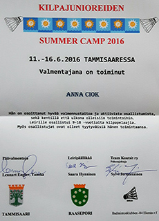 Certyfikat Anna Ciok (Szymańska) Summer Camp Finland 2016